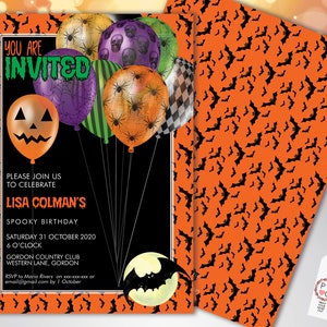 May include: Halloween-themed invitation with a black background and orange border. The invitation features colorful balloons with spiderwebs, skulls, and jack-o'-lantern faces. Text reads "You are Invited" and details for Lisa Colman's Spooky Birthday.