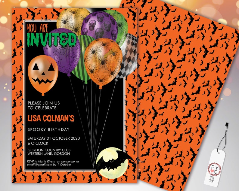 May include: Halloween-themed invitation with a black background and orange border. The invitation features colorful balloons with spiderwebs, skulls, and jack-o'-lantern faces. Text reads "You are Invited" and details for Lisa Colman's Spooky Birthday.