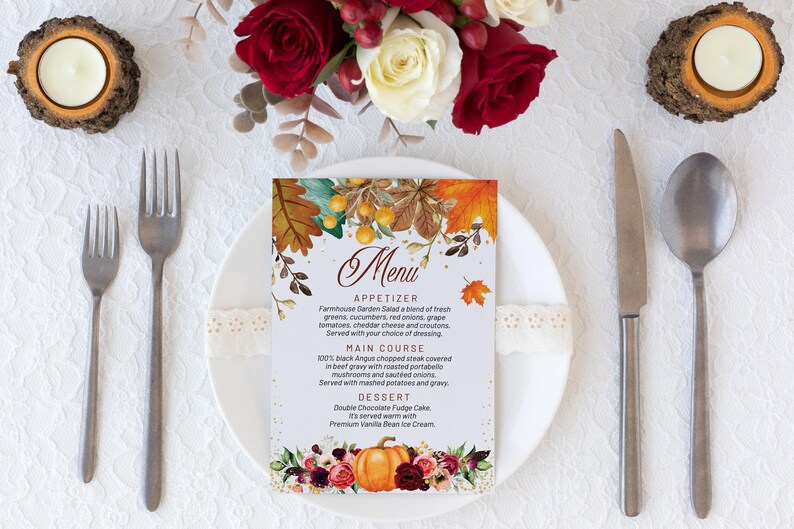 Thanksgiving Invitation Floral Pumpkin Bundle | Welcome Sign, Menu, Placecard, Friendsgiving Dinner image 7