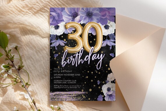 DIY Any Age Birthday Purple Gold Glitter Floral Invitation Printable Template, Gold Number Champagne Editable Dinner Party Invite for Women