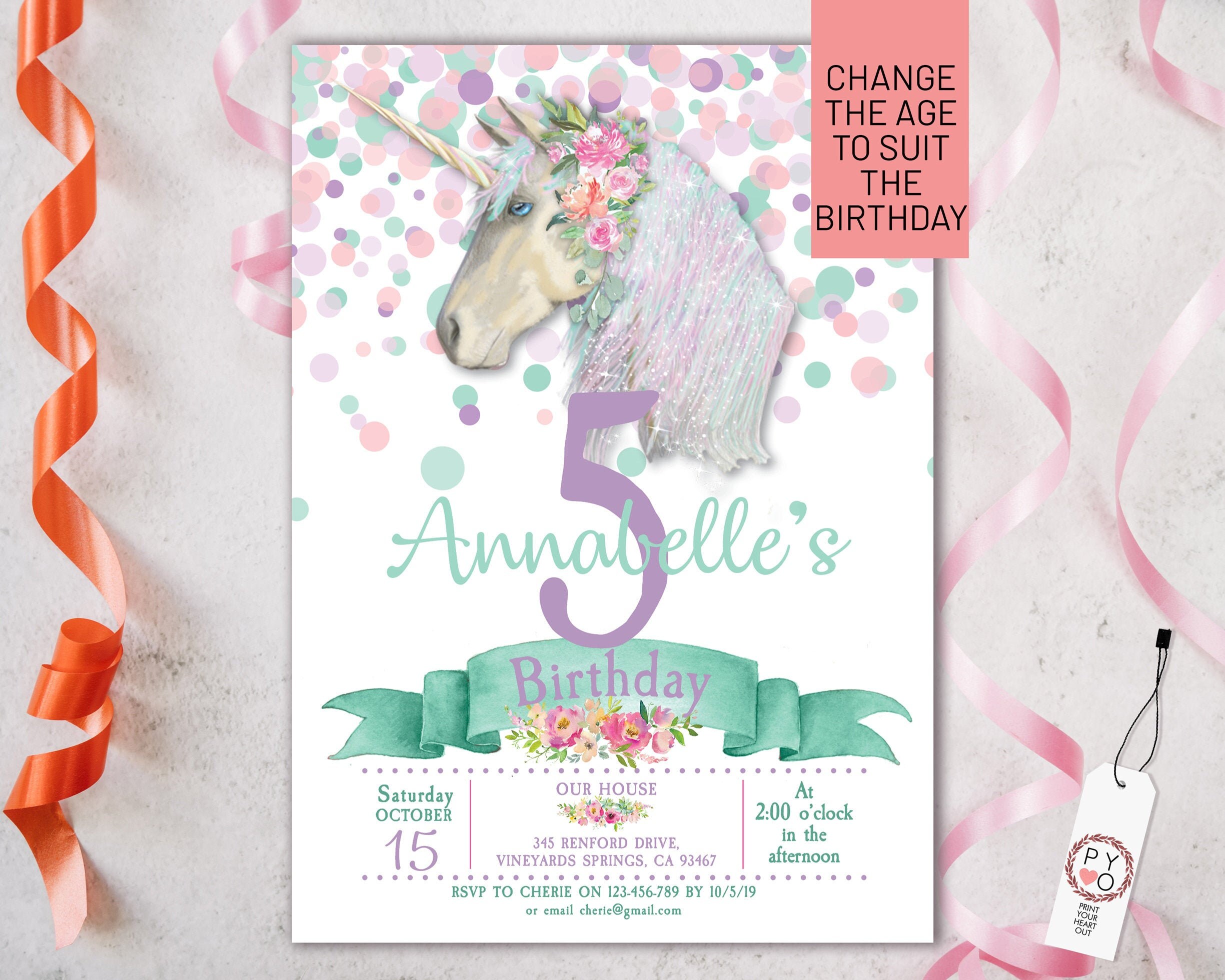 confetti unicorn floral birthday invitation printable