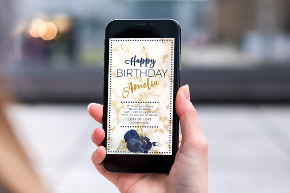 Navy Gold Marble Electronic Birthday, Smartphone SMS Digital Editable template, EcoFriendly, Electronic Blue Floral eCard Birthday Greeting