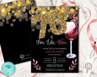 DIY 70th Birthday Wine Invitation Printable Template, Black Gold Glitter Fine Wine Editable Birthday Party Invitation, Printable Red Wine