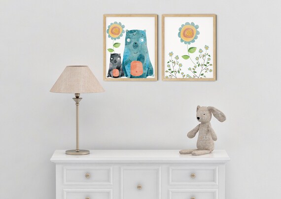 Modern Blue Boho Bears Art Print Set | Printable Nursery Art | Yellow Flowers Kids Room | Baby Room Wall | Girl Nursery Decor | Set 2 Prints