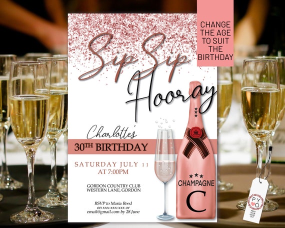 Sip Sip Hooray Pink Champagne White Rosegold Glitter Invitation Printable Template, Drinks Editable Birthday Party Women, Printable Card