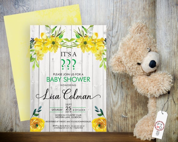 Gender Reveal Baby Shower Invitation, Yellow Floral Shower Invitation, Printable Baby Shower, Editable Template, Watercolor Baby Shower