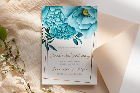 Big Aqua Blue Watercolor Flower Birthday Invitation Printable Template, Any Age Designer Rosegold Teal Editable Invite Women Floral Card