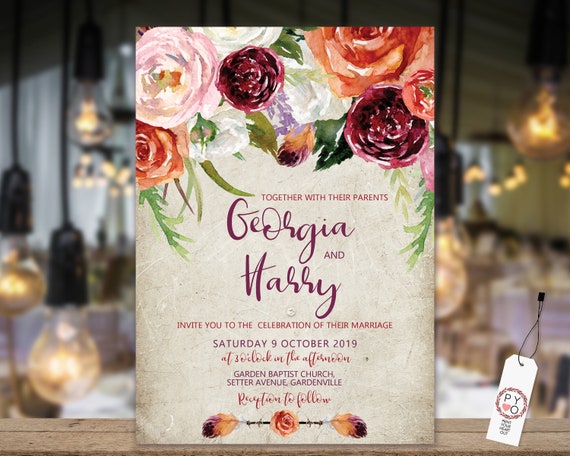 Fall Floral Wedding Invitation, Orange Rose Invitation, Watercolor Rose Invitation, Printable Boho, Editable Template, Fall Wedding Invite