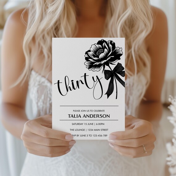 30th Birthday Invitation – Black Bow, Floral Minimalist Design (Editable Template)