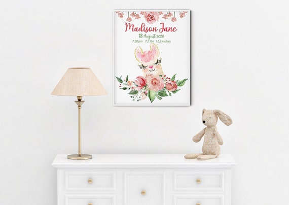 Baby Llama Birth Stats Nursery Decor | Floral Print | Nursery Girl | Baby Animal | Wall Art | Baby Gift | Birth Name Information Print