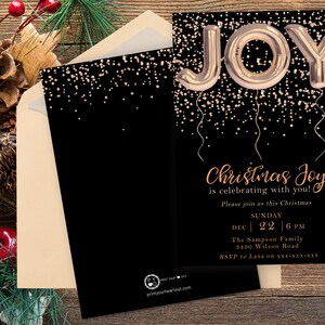May include: A black Christmas invitation with gold confetti and the word "JOY" in balloon letters. The invitation reads "Christmas Joy is celebrating with you!" and includes event details. An envelope is included.