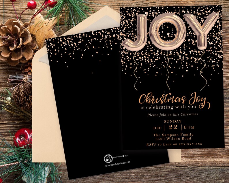 May include: A black Christmas invitation with gold confetti and the word "JOY" in balloon letters. The invitation reads "Christmas Joy is celebrating with you!" and includes event details. An envelope is included.