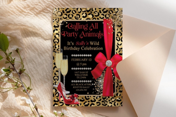 Red Gold Glitter Leopard Birthday Bows Heels Invitation Printable Template, Party Animal Editable Birthday Party Invitation, Printable Card