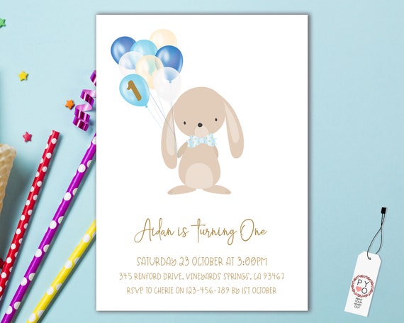 1st Birthday Boys Bunny Balloons Invitation Printable Template, One Editable Invitation, Blue Rabbit Balloons First Birthday, Bowtie Spots