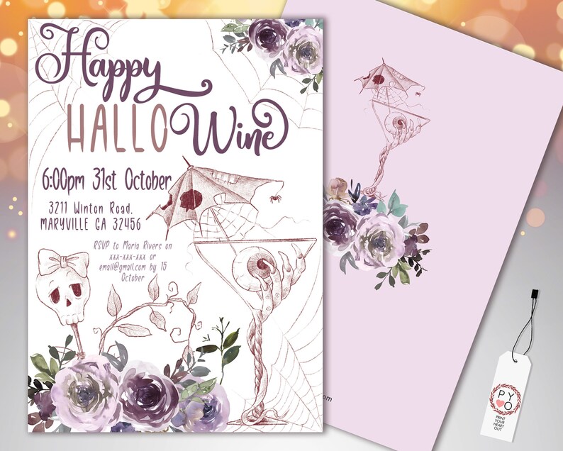 May include: A Halloween-themed invitation with the words "Happy HalloWine" in a decorative font. The design includes a cocktail glass, spiderwebs, and floral accents in shades of purple and brown. The invitation also includes event details.