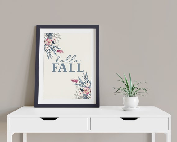 Hello Fall Blue Cream Digital Print | Printable Autumn Art | Pink Fall Art | DIY Floral Wall Art | Kitchen Wall Decor | Instant Download