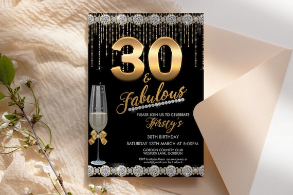 30 Gold Champagne Diamond Bow Invitation Printable Template, Diamonte Editable Birthday Party Invitation Women, Metallic Printable Card