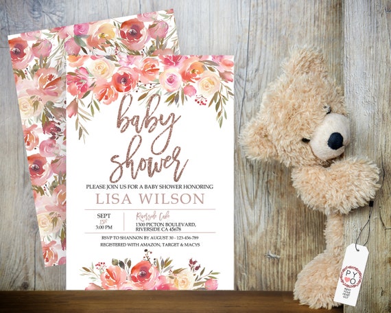 Watercolor Floral Baby Shower Invitation, Peony Shower Invitation, Printable Baby Shower, Editable Template, Rose Gold Glitter Baby Shower