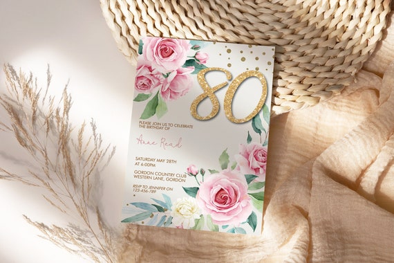 Any Age 50th 60th 70th 80th 90th 100th Birthday Baby Pink Gold Glitter Number Floral Invitation Template, Eighty Editable Party Invite Women