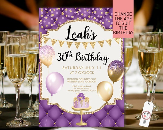 Purple Gold Glitter Birthday Balloons Invitation Printable Template, Glitter Cake Editable Any Age Party Invitation Women, Printable Card