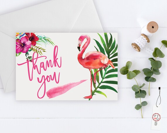 Flamingo Thank You Card, Flamingo Palm, Orange Hibiscus, Tropical Thank You, Printable Thank Yous Card, Palm Tree Thank You, Thanks Wedding