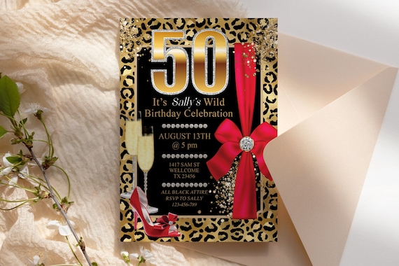 Red Gold Glitter Number Any Age Leopard Birthday Bows Heels Invitation Printable Template, Party Animal Diamond Editable Dinner Drink Party