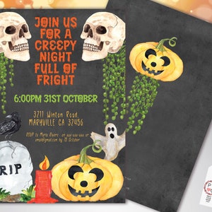 Inbjudan till Halloween-fest med dödskallar och pumpor, kuslig skräcknatt (utskrivbar mall) bild 1
