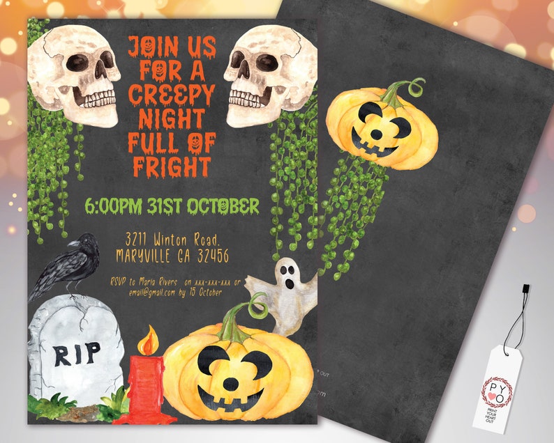 Inbjudan till Halloween-fest med dödskallar och pumpor, kuslig skräcknatt (utskrivbar mall) bild 1