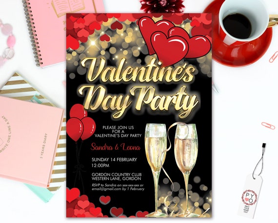 Gold Champagne Valentine's Day Party Invitation, Red Hearts, Sweetheart Invitation, Lonely Hearts Invite, Valentine Flyer, Friends Party