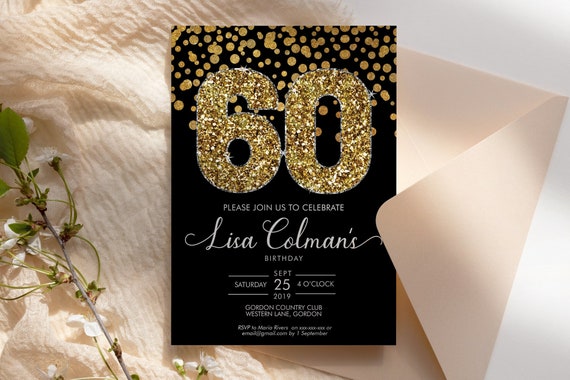 DIY 60th Birthday Confetti Invitation Printable Template, Black Gold Glitter Editable Birthday Party Invitation for Women, Printable