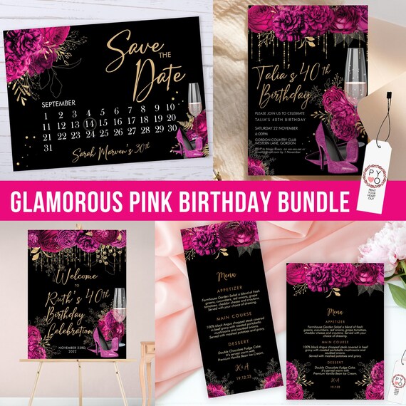 Pink Gold Glitter Stiletto Champagne Birthday Invitation Bundle Templates, Editable Invite, Welcome Sign, Menus, Save the Date, Gold Glitter