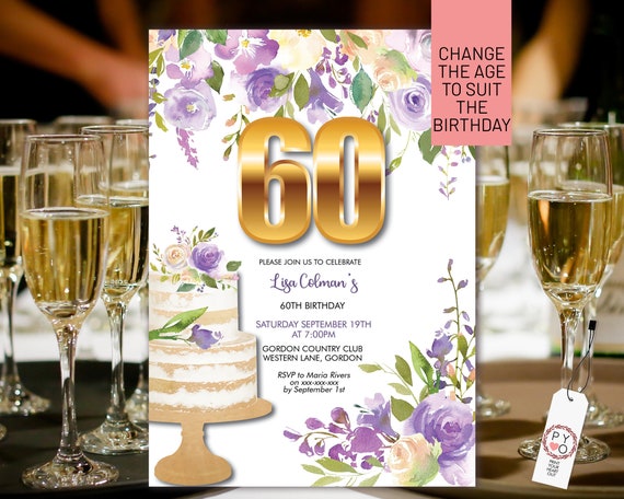 Any Age Number Roses Yellow Purple Lilac Floral Cake Invitation Template, Mauve Gold Editable Birthday Party Invite Women, Printable Card