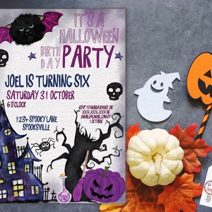 May include: A Halloween party invitation with a watercolor illustration of a haunted house, a bat, and a purple pumpkin. The invitation reads "It's a Halloween Birthday Party" and includes party details.