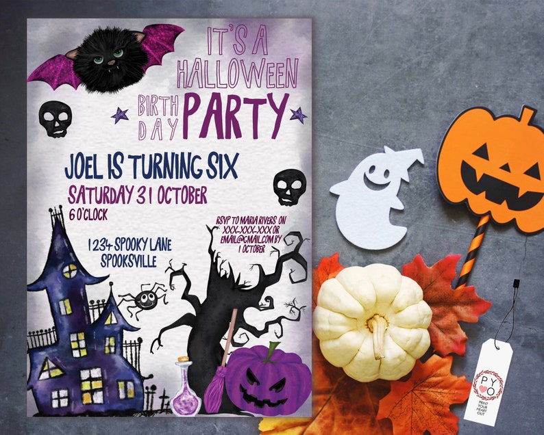 May include: A Halloween party invitation with a watercolor illustration of a haunted house, a bat, and a purple pumpkin. The invitation reads "It's a Halloween Birthday Party" and includes party details.