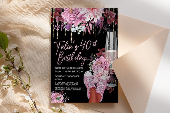 Pink Sneakers Champagne Birthday Invitation Printable Template, Pastel Pink Shoes Editable Party Dinner Women, Casual Any Age Runners Invite