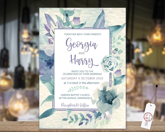 Blue Lilac Floral Wedding Invitation, Spring Flowers Invitation, Watercolor Mauve Invitation, Printable, Editable Template, Pastel Invite