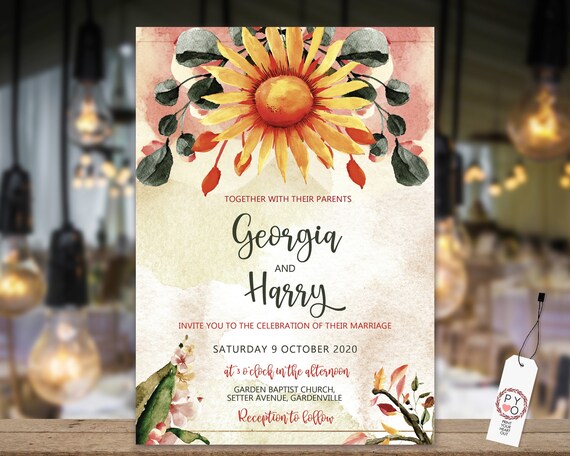 Sunflower Fall Floral Wedding Invitation, Autumn Invitation, Watercolor Fall Invitation, Printable Golden, Editable Template,  DIY Invite