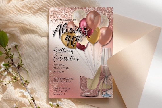 DIY Any Age Birthday Rosegold Heels Balloons Glitter Invitation Printable Template, Gold Glitter Shoes Editable Party Invitation for Women
