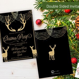 May include: Double-sided Christmas party invitation with a black background and gold glitter accents. The front features reindeer silhouettes and text, including the date, time, and location. The back has a single reindeer and decorative elements.
