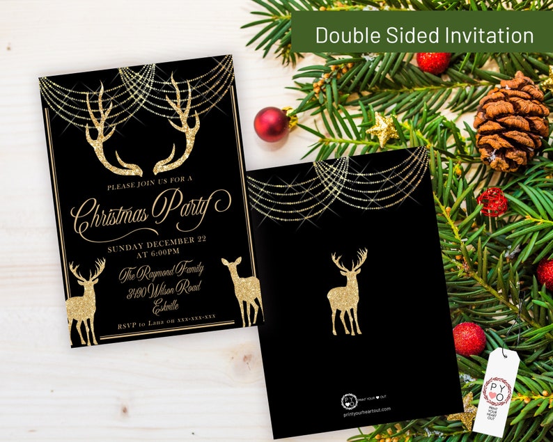 May include: Double-sided Christmas party invitation with a black background and gold glitter accents. The front features reindeer silhouettes and text, including the date, time, and location. The back has a single reindeer and decorative elements.