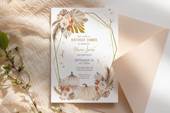 Fall White Pumpkins Pampas Grass Birthday Invitation,  Autumn Palm Leaves Invitation, Printable Dinner Party, Editable Template for Women