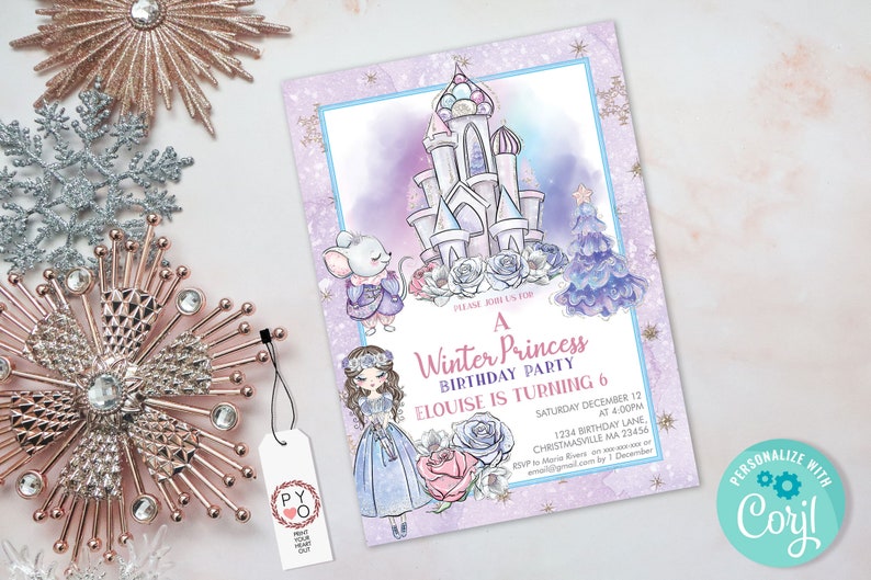 Op de afbeelding: Een Winter Princess verjaardagsfeest uitnodiging met een aquarel illustratie van een kasteel, muis en meisje. De uitnodiging is versierd met sneeuwvlokken en rozen. De tekst luidt "A Winter Princess Birthday Party, Elouise is turning 6".