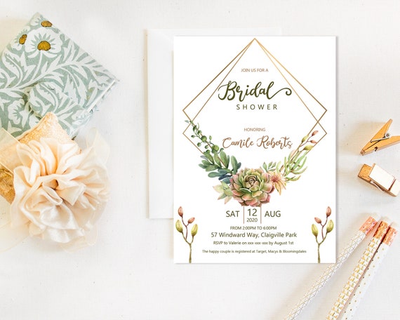 Succulent Gold Bridal Shower Invitation, Green Shower Invitation, Printable Bridal Shower, Editable Template, Watercolor Diamond Gold Frame