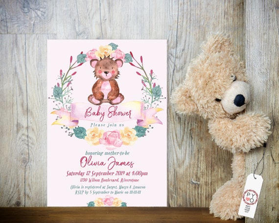 Pink Bear Floral Baby Shower Invitation, Baby Girl Shower Invitation, Printable Baby Shower, Editable Template Baby Shower Baby Animal