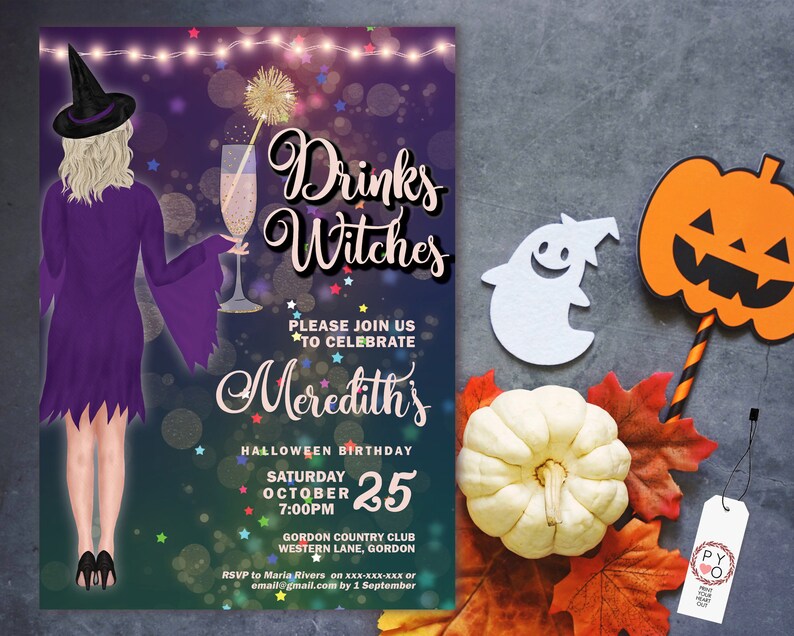 Puede incluir: Invitaci&oacute;n tem&aacute;tica de Halloween con el texto "Drinks Witches" y "Meredith's Halloween Birthday". El dise&ntilde;o presenta una ilustraci&oacute;n de bruja, una copa de champ&aacute;n y elementos decorativos.