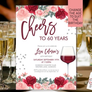Modello stampabile di invito floreale Cheer To Red Wine, invito alla festa di compleanno modificabile Burgundy Blush Rose per donne, biglietto stampabile, bevande