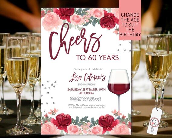 Cheer To Red Wine Floral Invitation Printable Template, Burgundy Blush Rose Editable Birthday Party Invite Women, Printable Card, Drinks