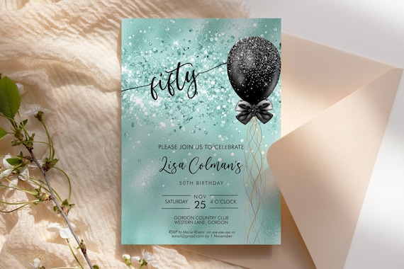 DIY Any Age Birthday Aqua Glitter Invitation Printable Template, Turquoise Glitter Editable Birthday Party Invitation for Women, Balloons