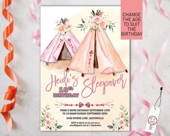 Sleepover Teepee Birthday Floral Invitation, Slumber Party invite, Boho Woodland invite, Editable Tribal Tent pink peach girls party weekend