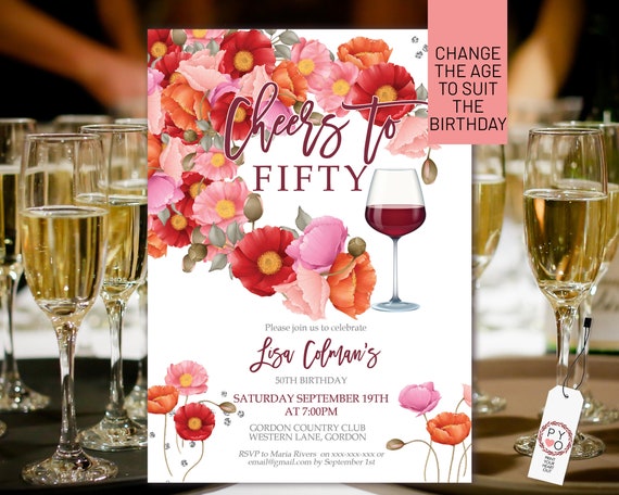 Cheers To Red Wine Pink Orange Floral Invitation Printable Template, Poppy Editable Birthday Party Invite Women, Printable Card, Drinks